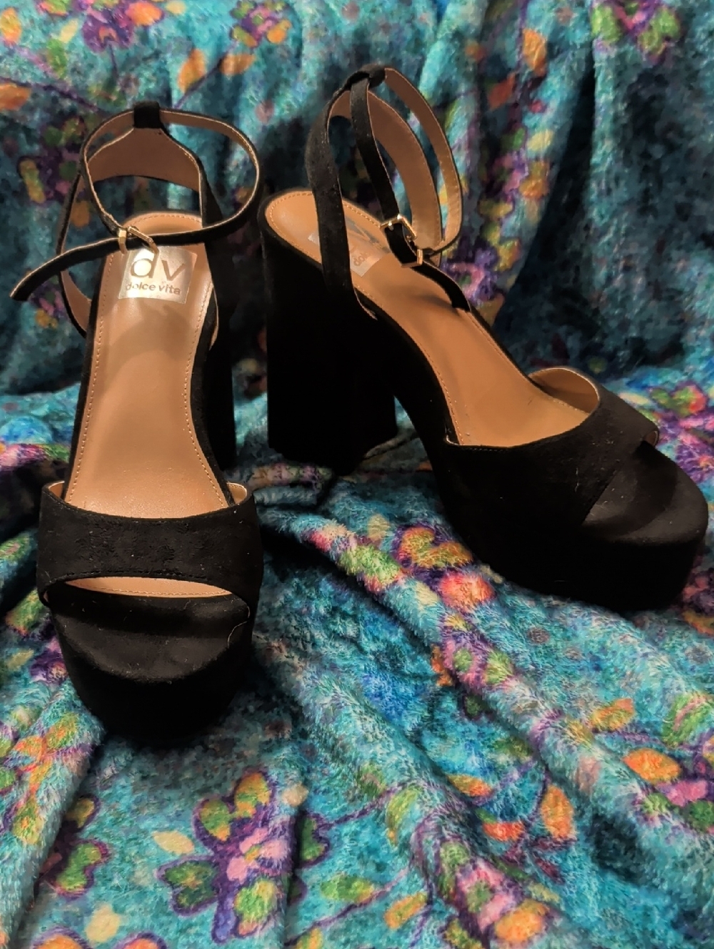 DV by Dolce Vita Black Faux Suede Platform Ankle-Strap Block Heels